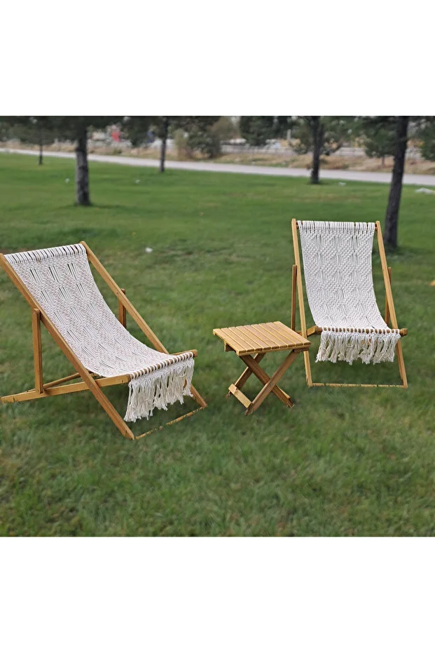 Ahşap Bahçe Balkon Teras Mobilyası, Makrome Şezlong Seti(2+1)